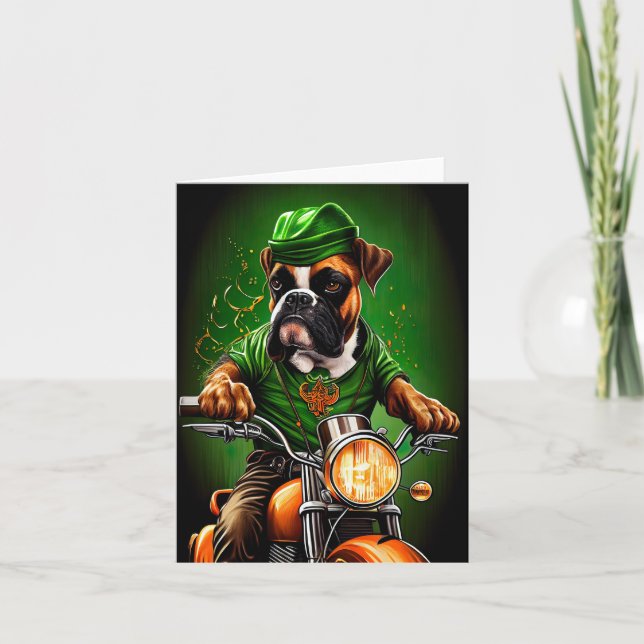 Boxer Dog Driving Bike St. Patrick's Day Card (Front)
