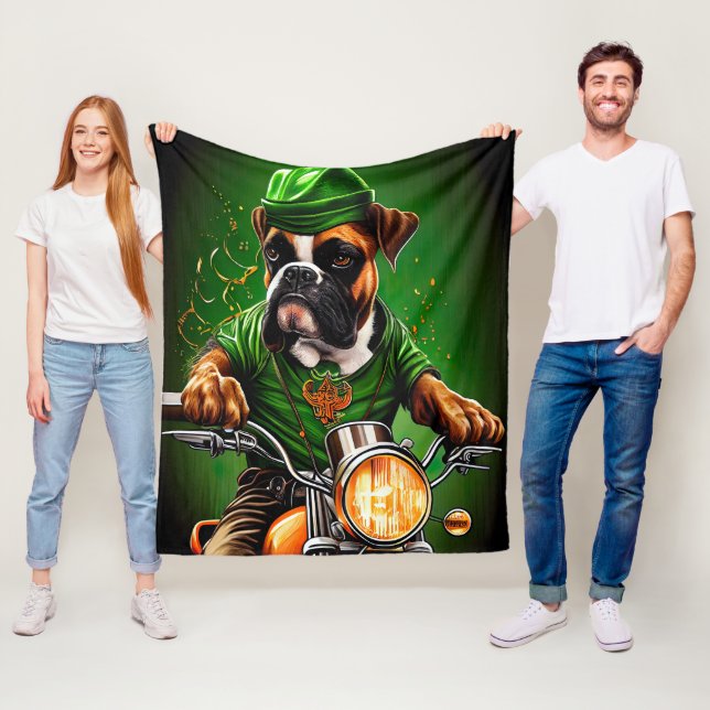 Boxer Dog Driving Bike St. Patrick's Day Fleece Blanket (In Situ)