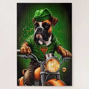 Boxer Dog Driving Bike St. Patrick's Day Jigsaw Puzzle
