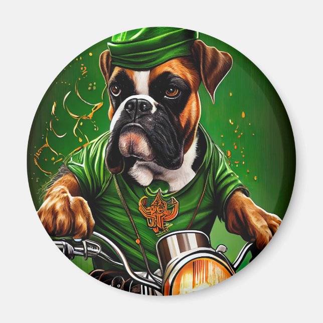 Boxer Dog Driving Bike St. Patrick's Day Magnet (Front)