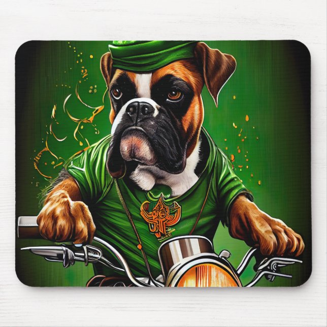 Boxer Dog Driving Bike St. Patrick's Day Mouse Mat (Front)