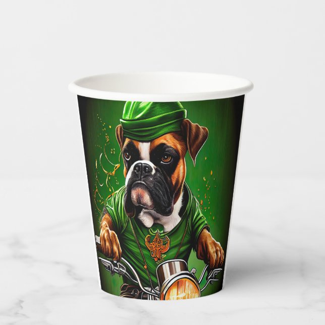 Boxer Dog Driving Bike St. Patrick's Day Paper Cups (Front)
