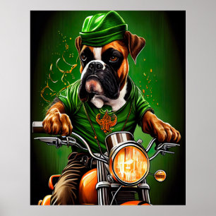 Boxer Dog Driving Bike St. Patrick's Day Poster