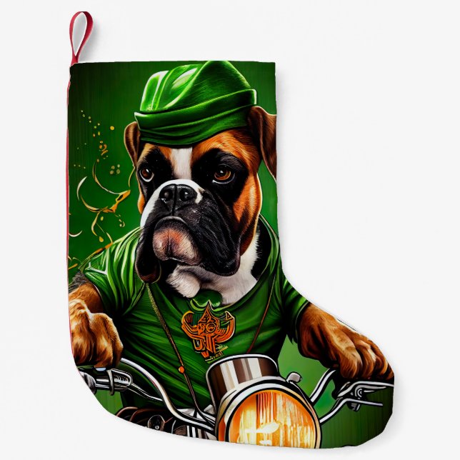Boxer Dog Driving Bike St. Patrick's Day Small Christmas Stocking (Front)