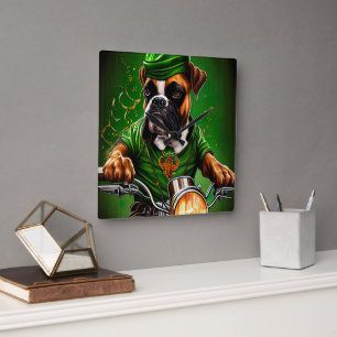 Boxer Dog Driving Bike St. Patrick's Day  Square Wall Clock