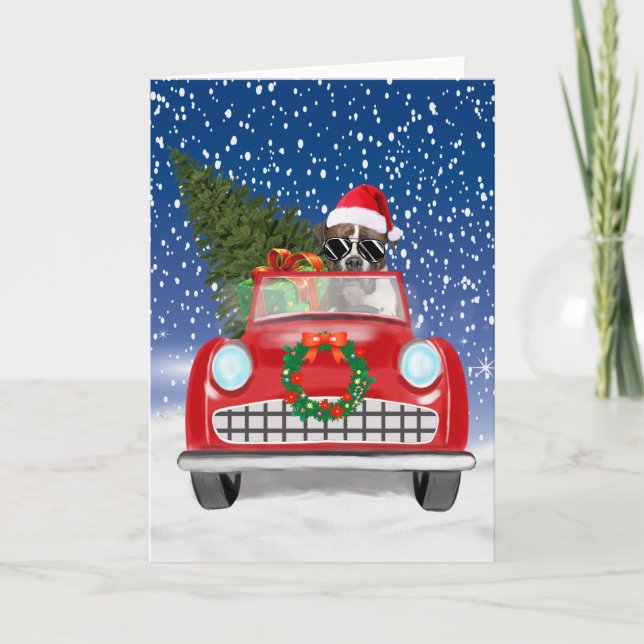 Boxer Dog Driving Car In Snow Christmas  Invitation (Front)