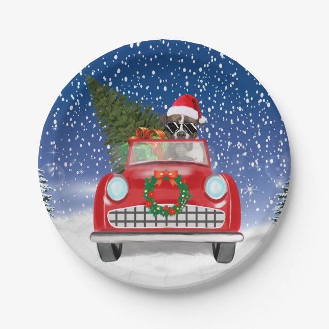 Boxer Dog Driving Car In Snow Christmas Paper Plate (Front)