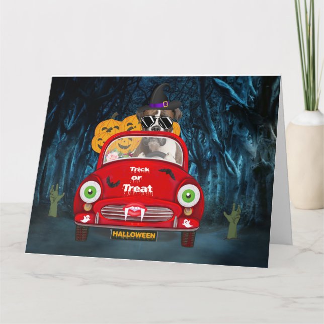 Boxer Dog Driving Car Scary Halloween Card (Front)