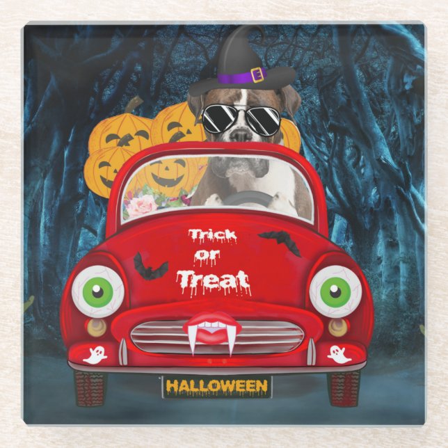 Boxer Dog Driving Car Scary Halloween Glass Coaster (Front)