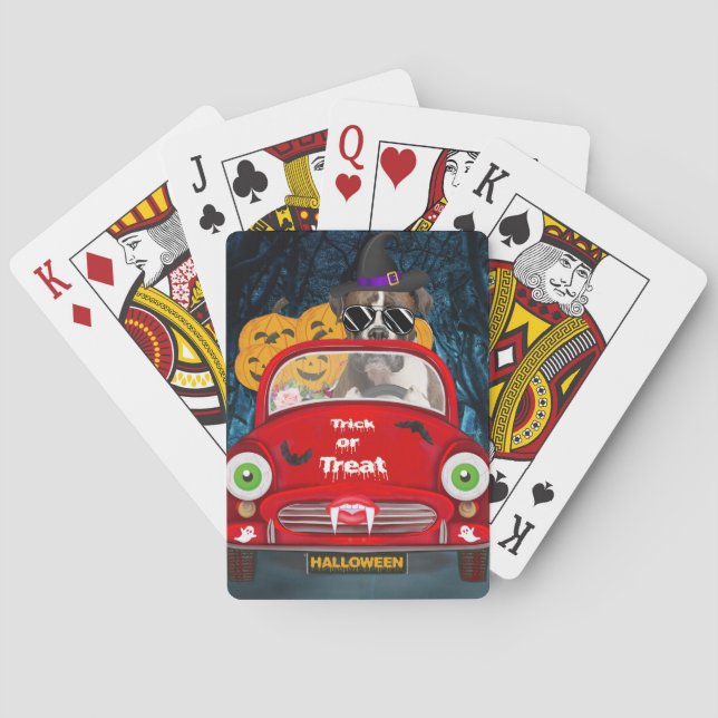 Boxer Dog Driving Car Scary Halloween Playing Cards (Back)