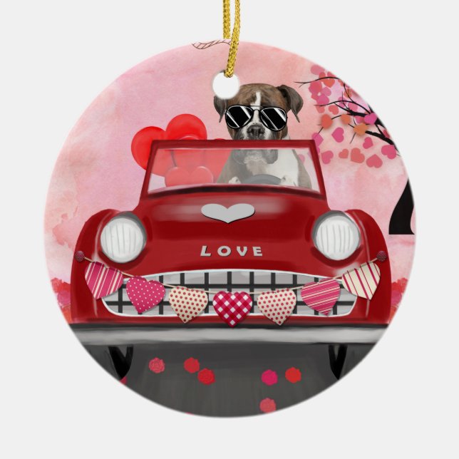 Boxer Dog Driving Car with Hearts Valentine's  Ceramic Tree Decoration (Front)