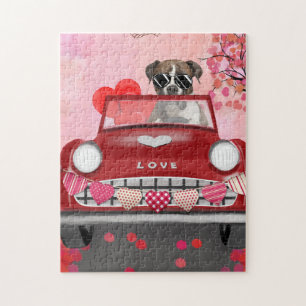 Boxer Dog Driving Car with Hearts Valentine's  Jigsaw Puzzle