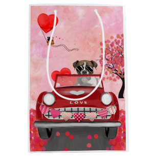 Boxer Dog Driving Car with Hearts Valentine's  Medium Gift Bag