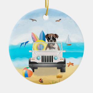 boxer Dog Driving on Beach Ceramic Tree Decoration