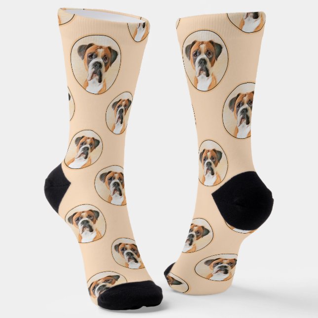 Boxer Dog Fawn Painting Uncropped Ear Cute Dog Art Socks (Angled)