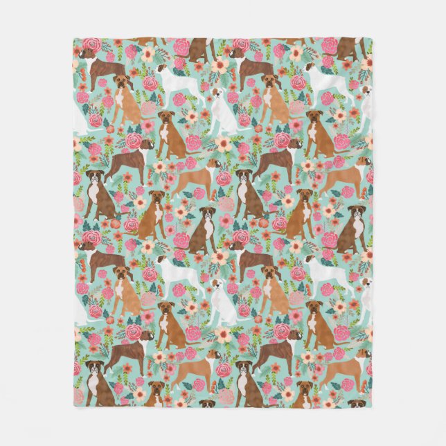 Boxer Dog Florals Fleece Blanket (Front)