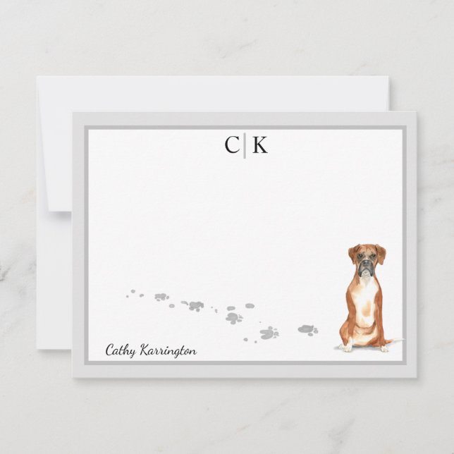 Boxer Dog Grey Border Monogram Your Name Custom Card (Front)