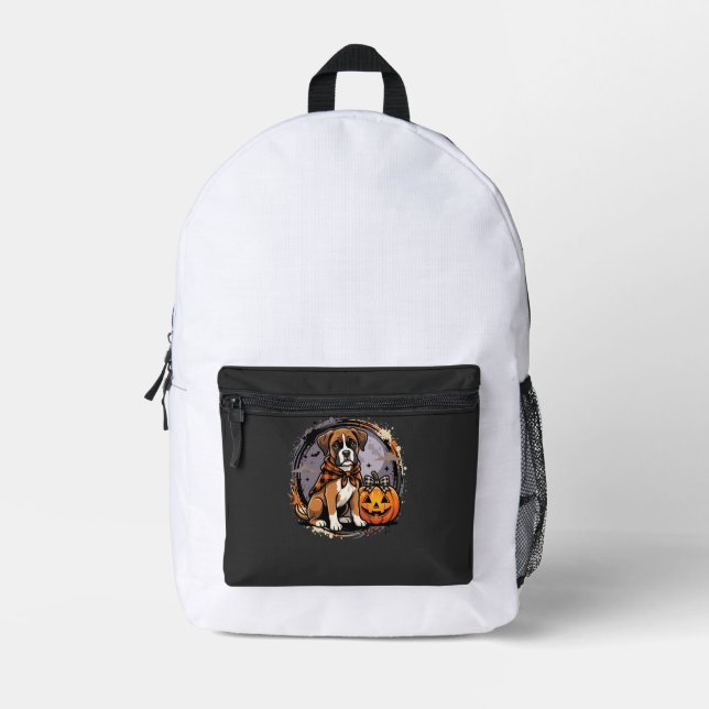 Boxer Dog Halloween Pumpkin Sublimation Printed Backpack (Front)