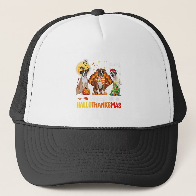 Boxer Dog Happy Hallothanksmas Halloween Thanksgiv Trucker Hat (Front)