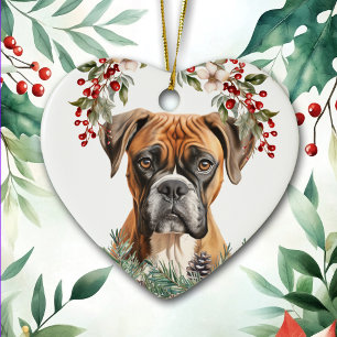 Boxer Dog Holly Wreath Christmas Ceramic Tree Decoration