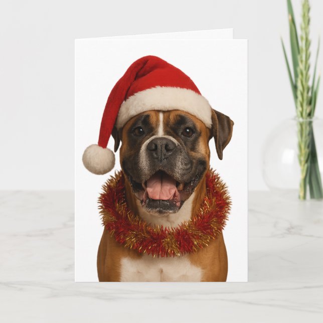 Boxer dog in Santa hat Christmas card (Front)