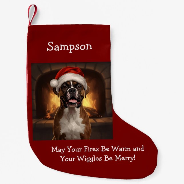 Boxer Dog in Santa Hat Small Christmas Stocking (Front)
