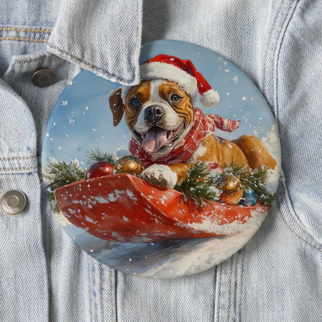 Boxer Dog in Sledge Let it Snow Christmas 6 Cm Round Badge (In Situ)