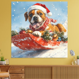 Boxer Dog in Sledge Let it Snow Christmas Canvas Print