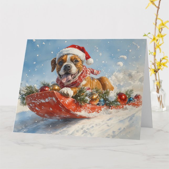 Boxer Dog in Sledge Let it Snow Christmas Card (Yellow Flower)