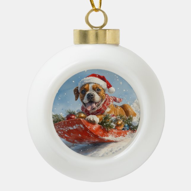 Boxer Dog in Sledge Let it Snow Christmas Ceramic Ball Christmas Ornament (Front)