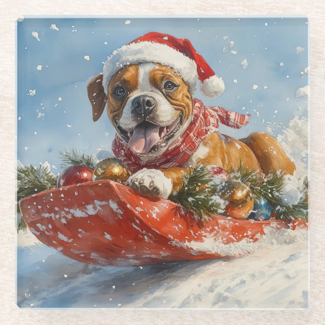Boxer Dog in Sledge Let it Snow Christmas Glass Coaster (Front)