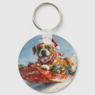 Boxer Dog in Sledge Let it Snow Christmas Key Ring