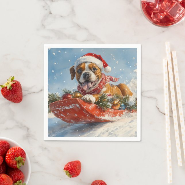 Boxer Dog in Sledge Let it Snow Christmas Napkin (Insitu)