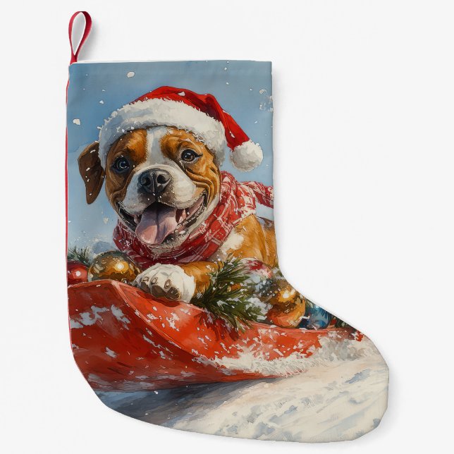 Boxer Dog in Sledge Let it Snow Christmas Small Christmas Stocking (Front)