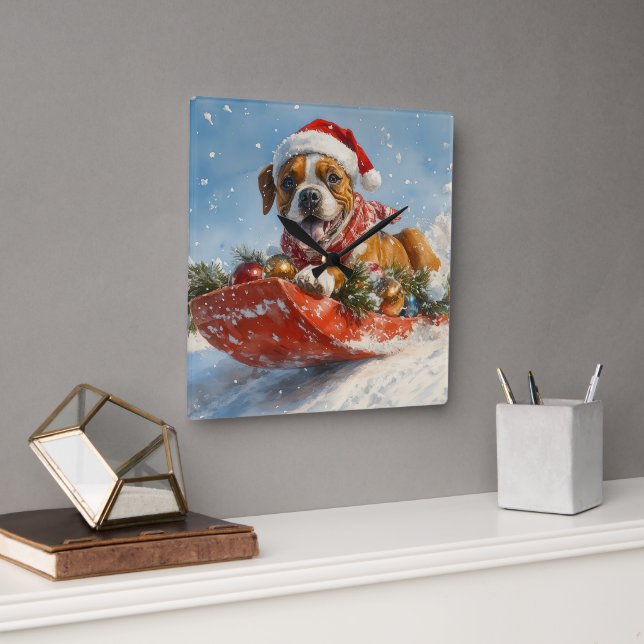Boxer Dog in Sledge Let it Snow Christmas Square Wall Clock (Office)
