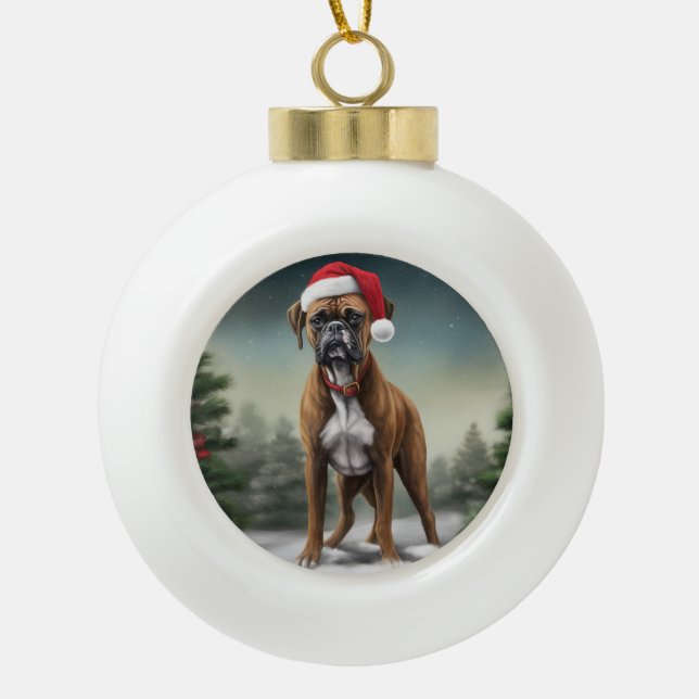 Boxer Dog in Snow Christmas  Ceramic Ball Christmas Ornament (Front)