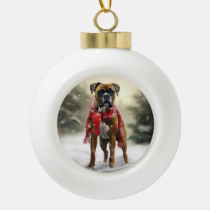 Boxer Dog in Snow Christmas Ceramic Ball Christmas Ornament