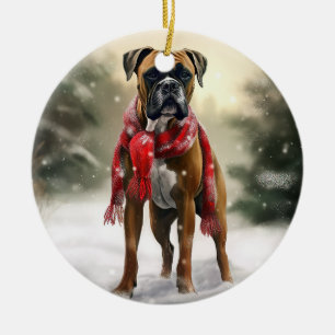 Boxer Dog in Snow Christmas Ceramic Tree Decoration