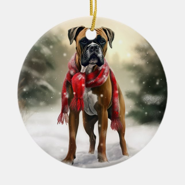 Boxer Dog in Snow Christmas Ceramic Tree Decoration (Front)