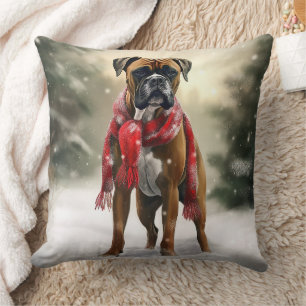Boxer Dog in Snow Christmas Cushion
