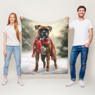 Boxer Dog in Snow Christmas Fleece Blanket