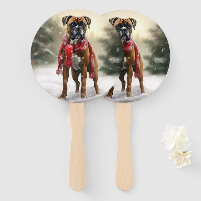 Boxer Dog in Snow Christmas Hand Fan (Front and Back)
