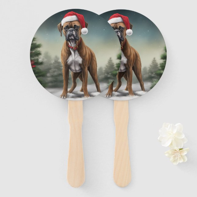 Boxer Dog in Snow Christmas  Hand Fan (Front and Back)