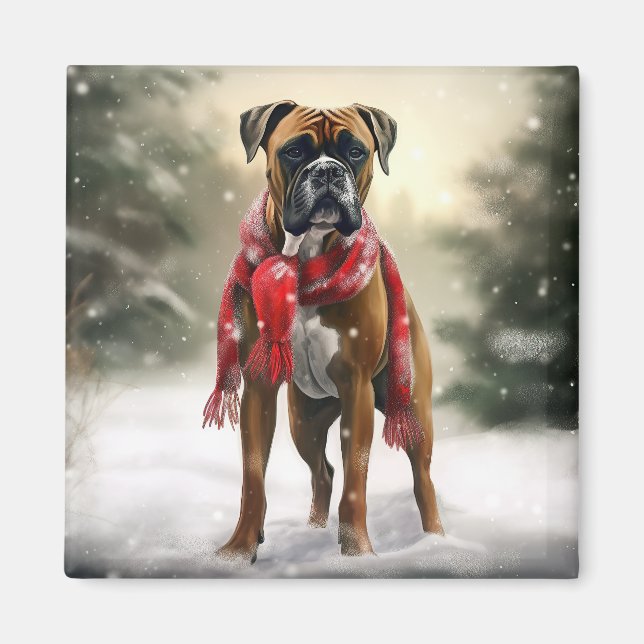 Boxer Dog in Snow Christmas Magnet (Front)