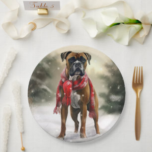 Boxer Dog in Snow Christmas Paper Plate