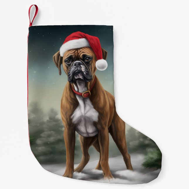 Boxer Dog in Snow Christmas  Small Christmas Stocking (Front)