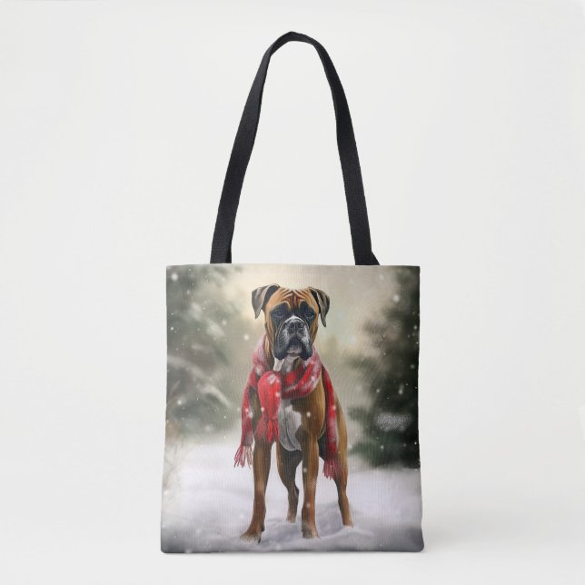 Boxer Dog in Snow Christmas Tote Bag (Front)