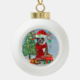 Boxer Dog in Snow with Christmas Gifts Ceramic Ball Christmas Ornament