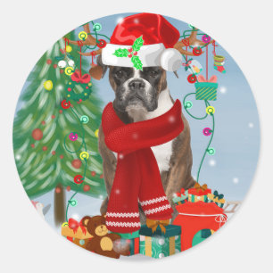 Boxer Dog in Snow with Christmas Gifts Classic Round Sticker