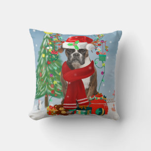 Boxer Dog in Snow with Christmas Gifts Cushion